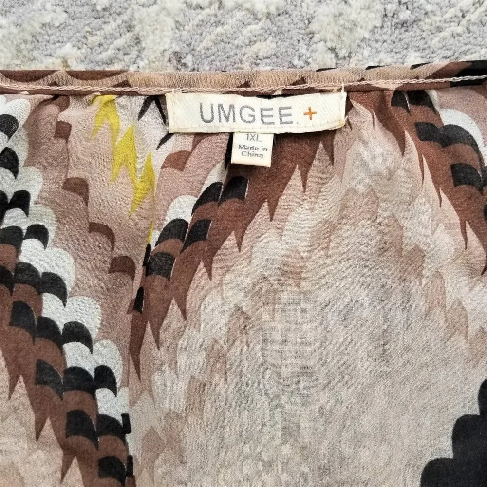 Umgee Brand Top Blouse Tan Brown Coral Chartreuse Multi Chevron Print Size 1XL - Picture 9 of 12